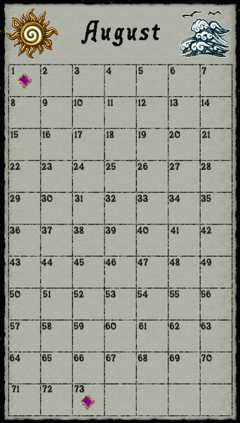 a Britannian calendar for the month of August showing 73 days